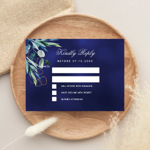 Navy blue greenery wedding RSVP Card