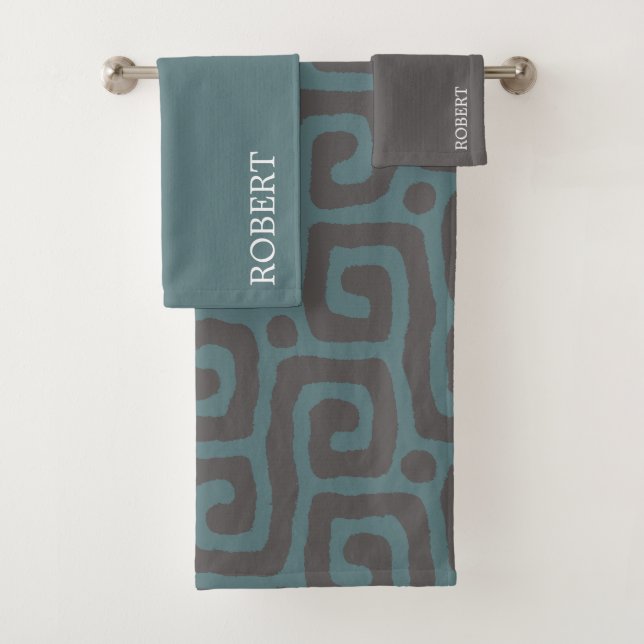 Navy blue &Grey Abstract monogram Name  Bath Towel Set (Insitu)