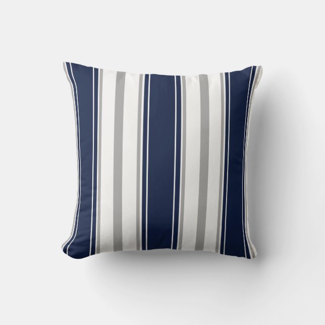 Navy Blue, Grey and White Vertical Stripes Pattern Cushion (Front)