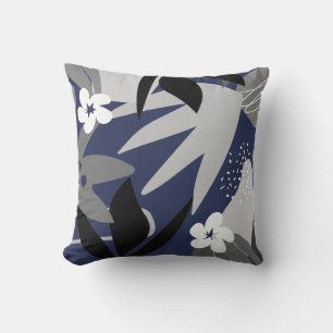 Navy Blue & Grey Artistic Abstract Floral Cushion