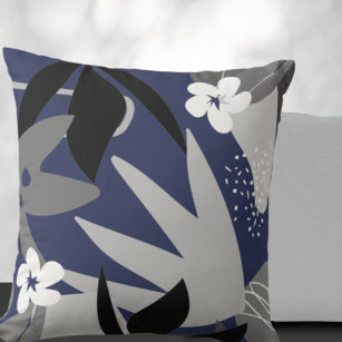 Navy Blue & Grey Artistic Abstract Floral Pattern Cushion