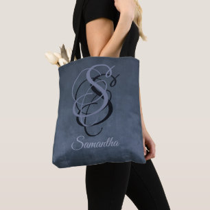 Navy Blue Grey Black rustic monogram ombre Tote Bag