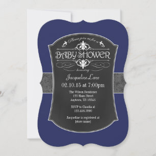 Navy Blue Grey Chalkboard Baby Shower Invitation