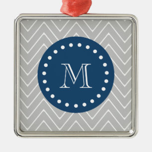Navy Blue, Grey Chevron Pattern Your Monogram Metal Tree Decoration