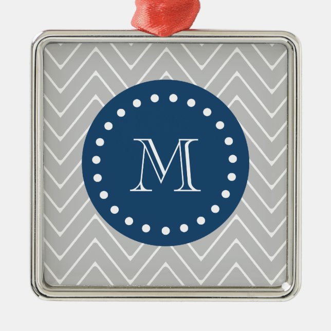 Navy Blue, Grey Chevron Pattern | Your Monogram Metal Tree Decoration (Front)