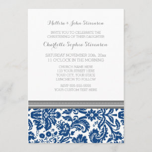 Navy Blue Grey Damask Christening Invitation