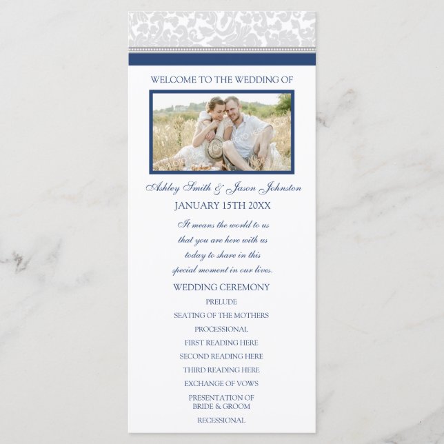 Navy Blue Grey Damask Photo Wedding Program (Front)