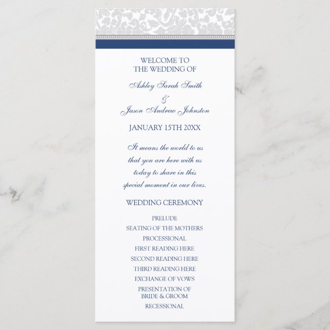 Navy Blue Grey Damask Wedding Program (Front)