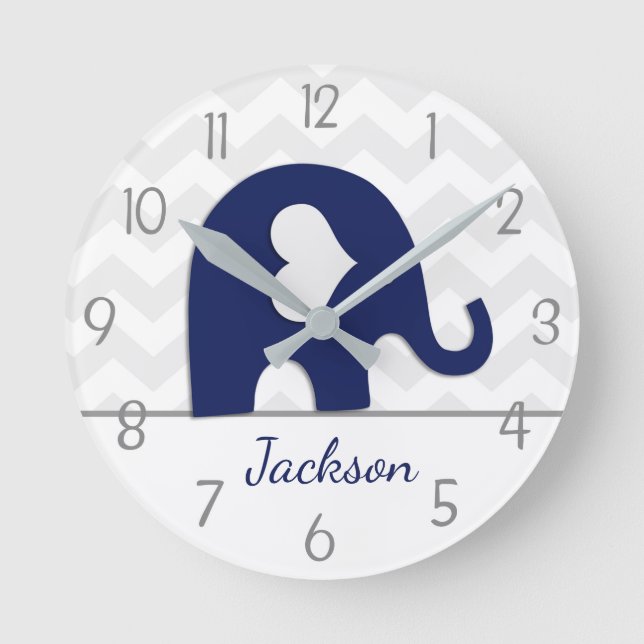 Navy Blue Grey Elephant Nursery Wall Clock (Front)
