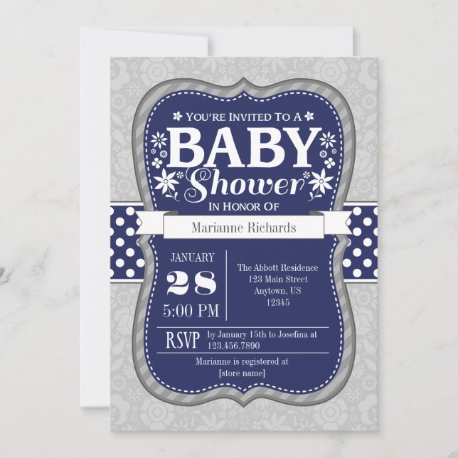 Navy Blue Grey Floral Baby Shower Invitation (Front)