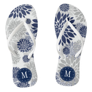 Navy Blue Grey Floral Monogram Thongs