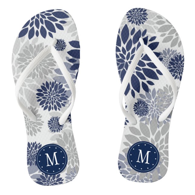 Navy Blue Grey Floral Monogram Thongs (Footbed)