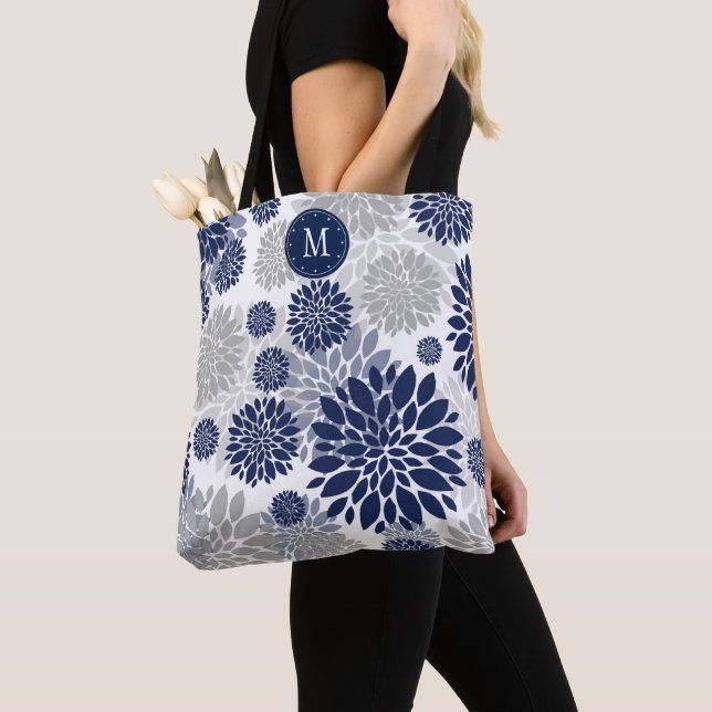 Navy Blue Grey Floral Monogram Tote Bag (Close Up)