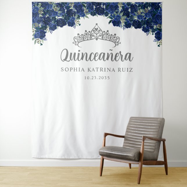 Navy Blue Grey  Floral Quinceanera Photo Backdrop Tapestry (In Situ)