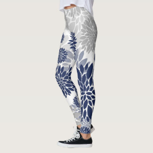 Navy Blue Grey Flower Pattern Leggings