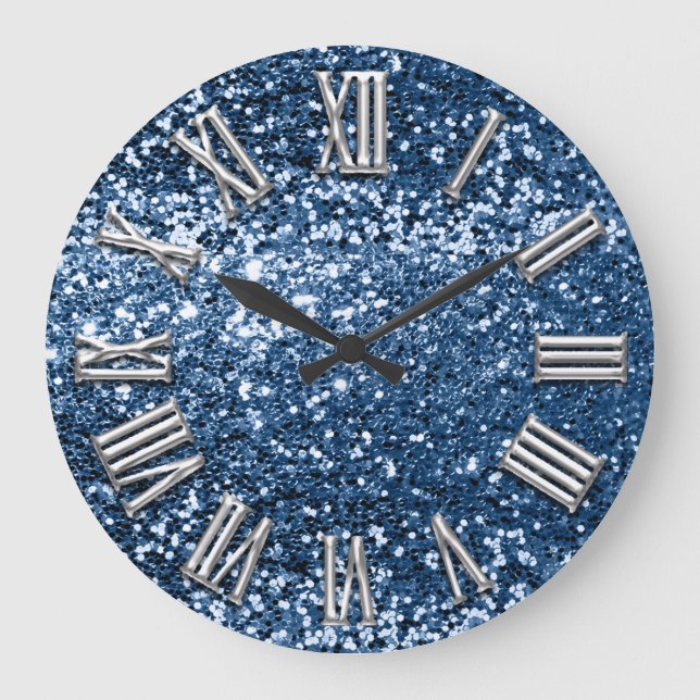 Navy Blue Grey Glitter Grey Silver Roman Number Large Clock (Front)