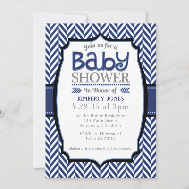 Navy Blue Grey Herringbone Baby Shower Invitations (Front)