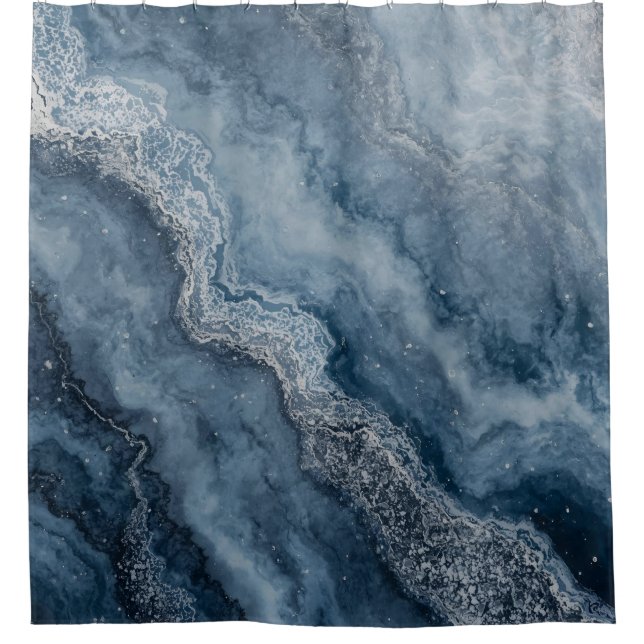 Navy Blue Grey Light Blue White Contemporary Shower Curtain (Front)