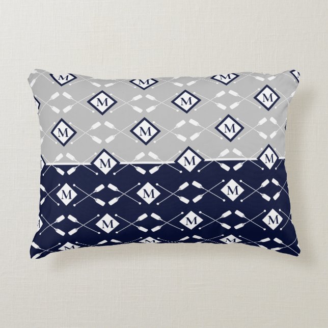 Navy Blue Grey Monogram Paddle Lake House Accent P Decorative Cushion (Front)