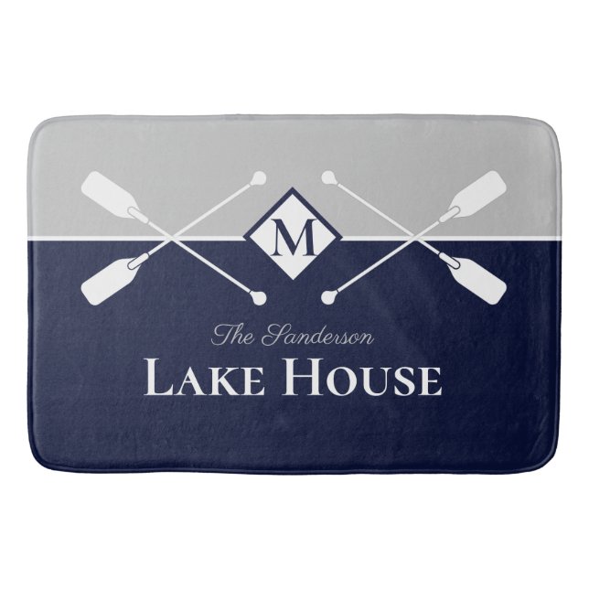 Navy Blue Grey Monogram Paddle Lake House  Bath Mat (Front)