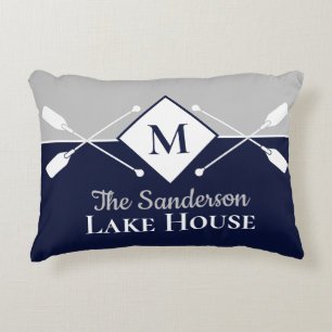 Navy Blue Grey Monogram Paddle Lake House Decorative Cushion