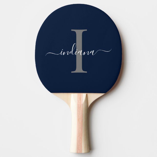 Navy Blue Grey Monogram Script Name Modern Ping Pong Paddle (Front)