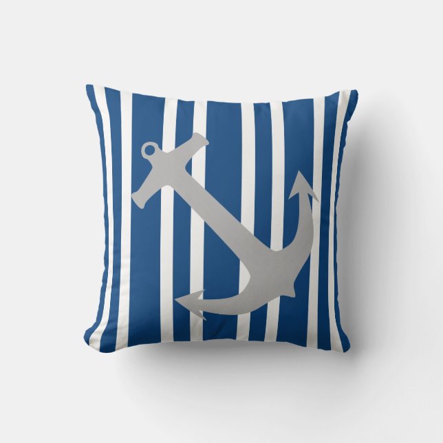 Navy Blue & Grey Nautical Anchor Striped Pillow (Front)