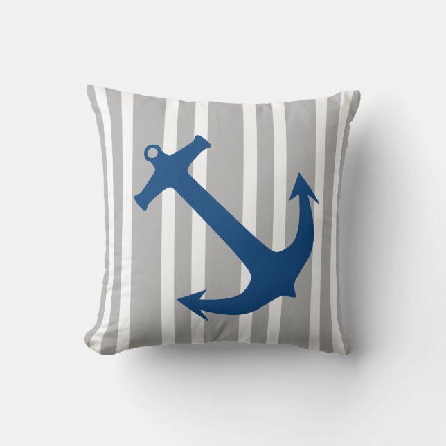 Navy Blue & Grey Nautical Anchor Striped Pillow (Front)