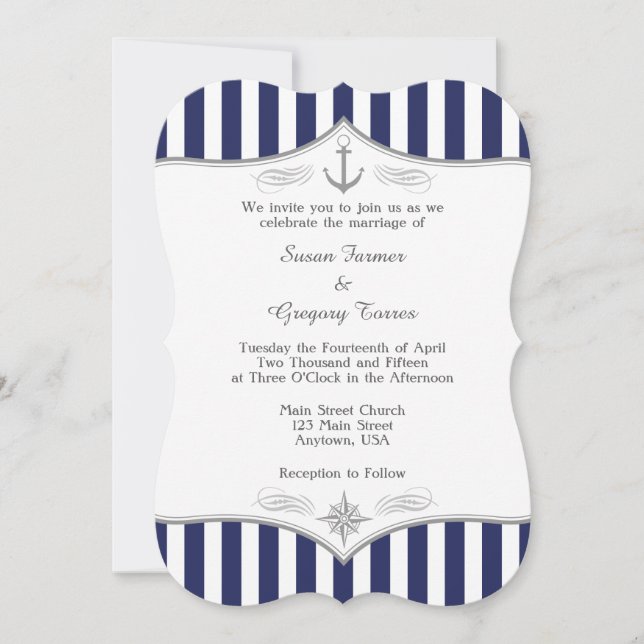 Navy Blue Grey Nautical Wedding Invitation (Front)