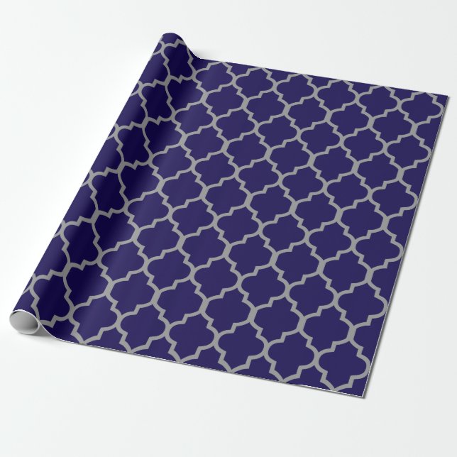 Navy Blue, Grey Quatrefoil Custom Background Wrapping Paper (Unrolled)