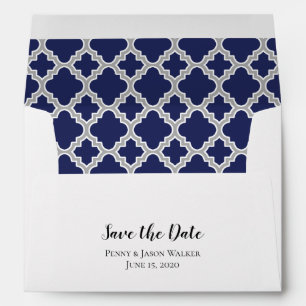 Navy Blue Grey Quatrefoil Save The Date Envelope