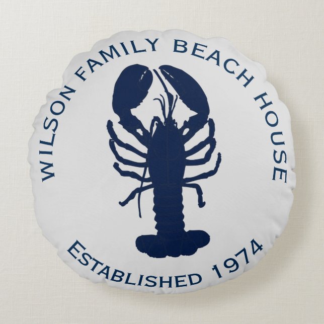 Navy Blue Grey Round Lobster Beach House Pillow (Front)