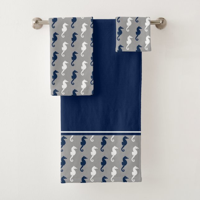 Navy Blue Grey Seahorse Pattern Bath Towel Set (Insitu)