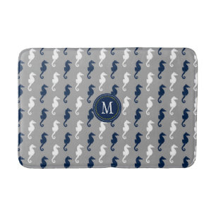 Navy Blue Grey Seahorse Pattern Monogram Bath Mat