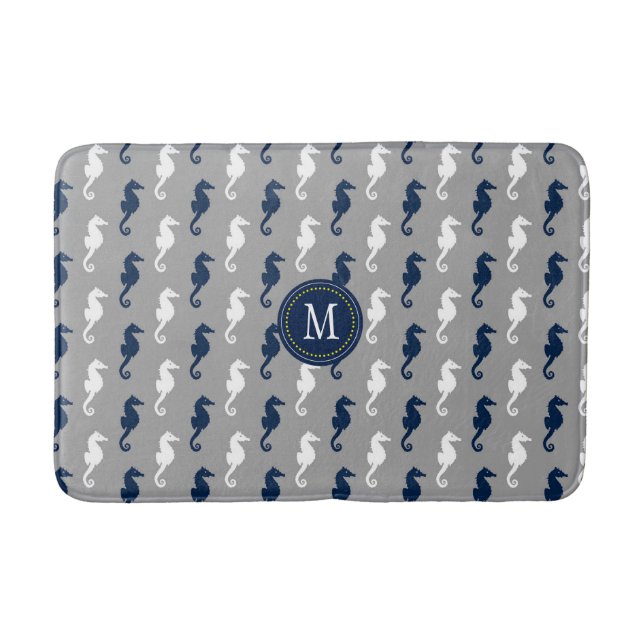 Navy Blue Grey Seahorse Pattern Monogram Bath Mat (Front)