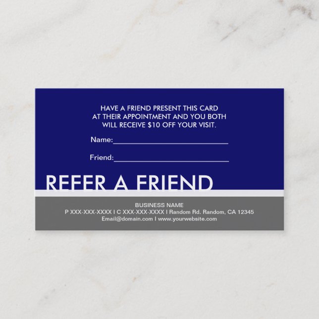 Navy blue grey simple refer a friend custom cards (Front)