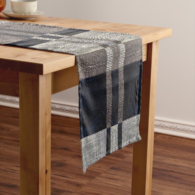 Navy Blue & Grey Stripe Box Pattern Table Runner (In Situ)