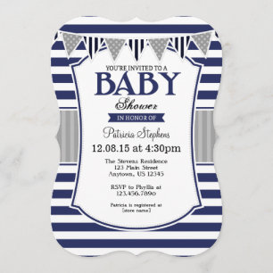 Navy Blue Grey Stripes Baby Shower Invitation