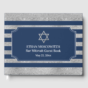 Navy Blue, Grey Stripes Bar Mitzvah Guest Book