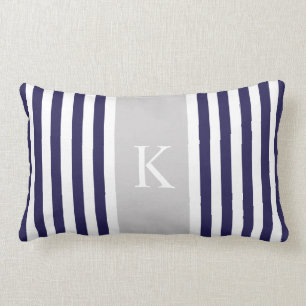 Navy Blue Grey Stripes Monogram Lumbar Cushion