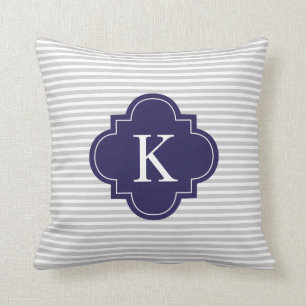 Navy Blue Grey Stripes Quatrefoil Monogram Cushion