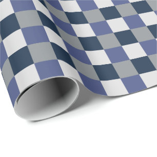 Navy Blue Grey White Chequerboard Chequered Wrapping Paper