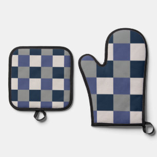 Navy Blue Grey White Chequerboard  Oven Mitt & Pot Holder Set