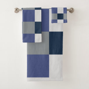 Navy Blue Grey White Chequerboard Pattern Bath Towel Set