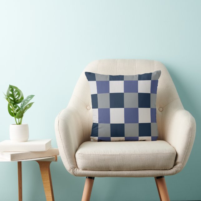 Navy Blue Grey White Chequerboard Pattern Cushion (Chair)