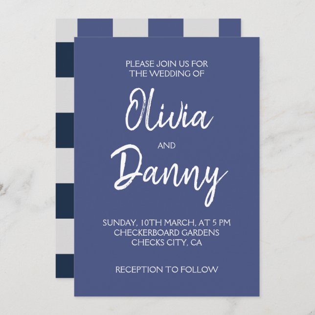 Navy Blue Grey White Chequerboard Wedding Invitation (Front/Back)