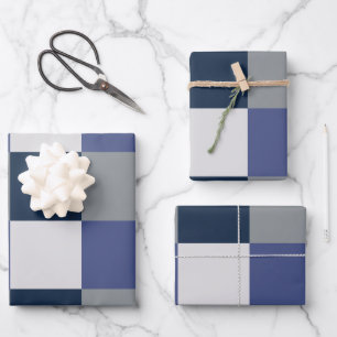 Navy Blue Grey White Chequerboard  Wrapping Paper Sheet