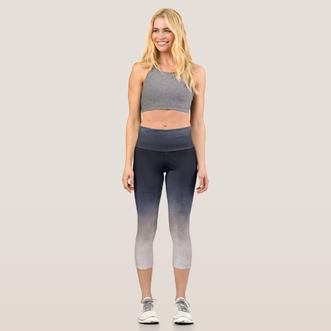 Navy Blue Grey White gradient rustic ombre Capri Leggings (Front)