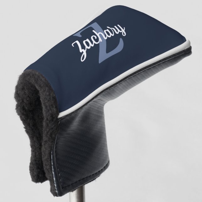 Navy Blue Grey White Monogram Personalised Golf Head Cover (3/4 Front)