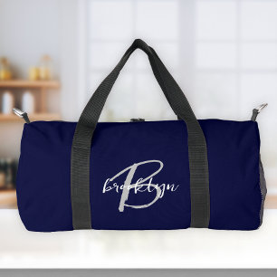 Navy Blue Grey White Script Monogram  Duffle Bag